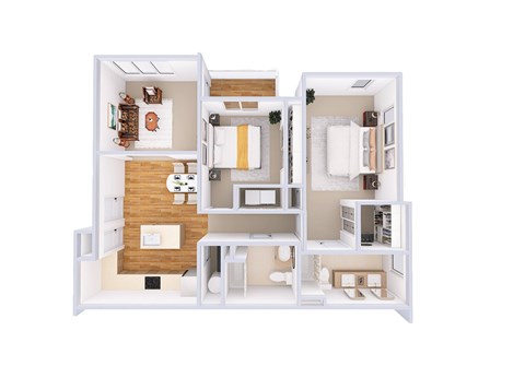 A white floor plan of a house with a kitchen, living room, and bedrooms.